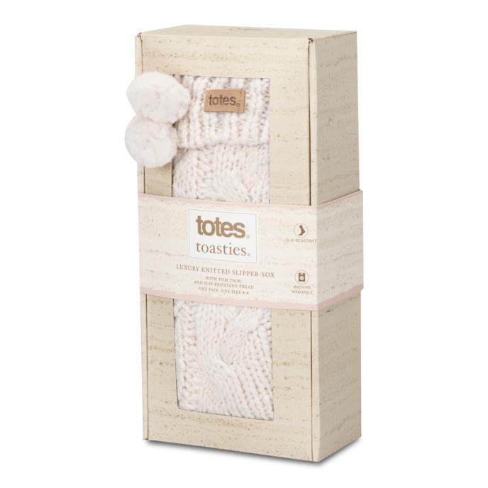 totes toasties® Ladies Luxury Chunky Knit Slipper-Sox With Tassel Trim Cream Extra Image 1